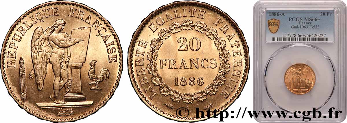20 francs or Génie, Troisième République 1886 Paris F.533/9 FDC66 PCGS