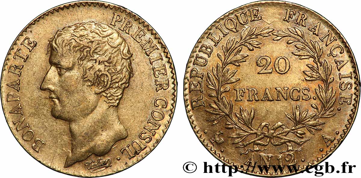 20 francs or Bonaparte Premier Consul 1804 Paris F.510/2 XF 