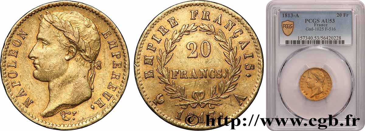 20 francs or Napoléon, tête laurée, Empire français 1813 Paris F.516/30 AU53 PCGS