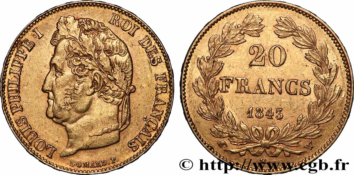 20 francs Louis-Philippe, Domard 1843 Lille F.527/30 MBC 