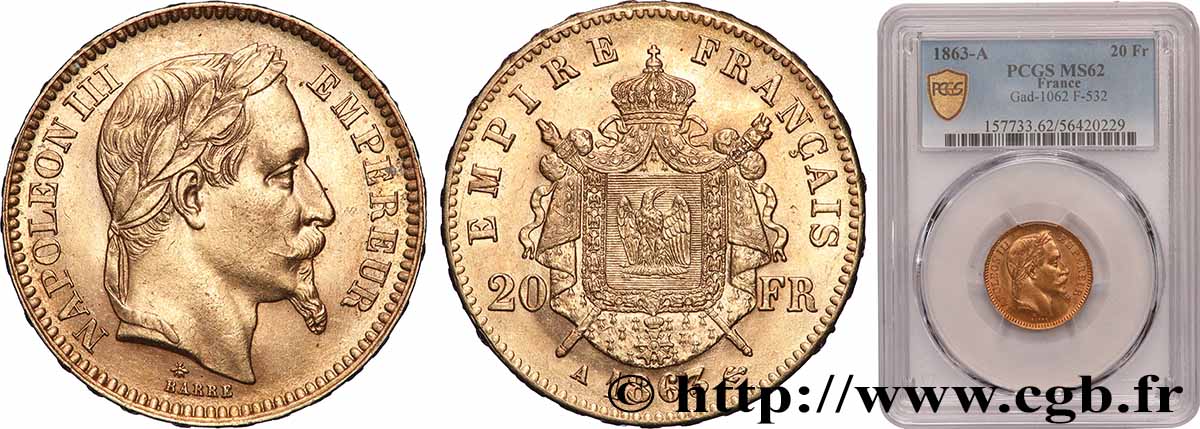 20 francs or Napoléon III, tête laurée 1863 Paris F.532/6 MS62 PCGS