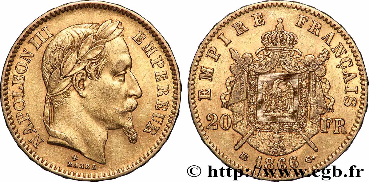 20 francs or Napoléon III, tête laurée 1866 Strasbourg F.532/14 TTB 