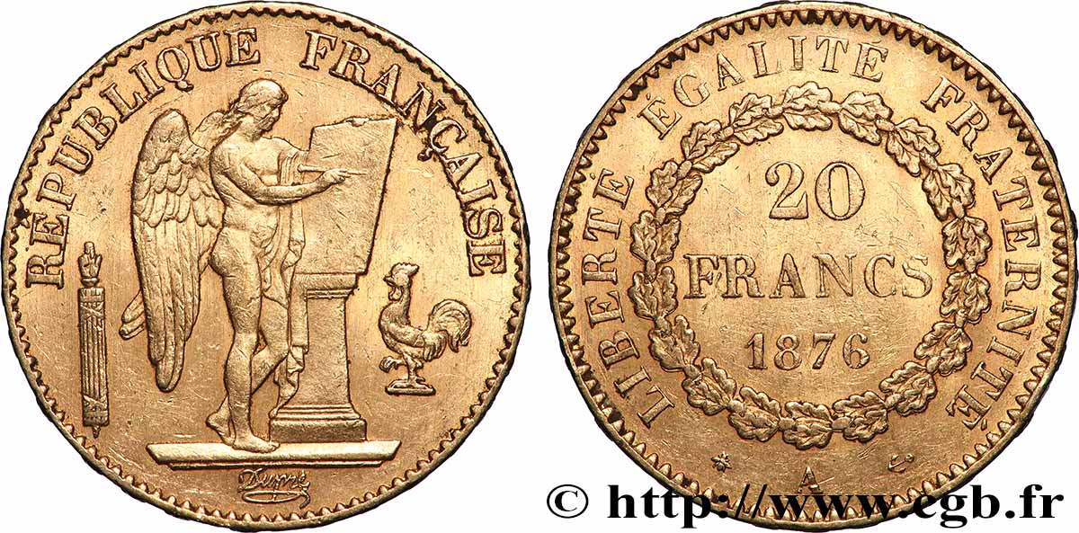 20 francs génie, Troisième république 1876 Paris F.533/4 TTB+ 