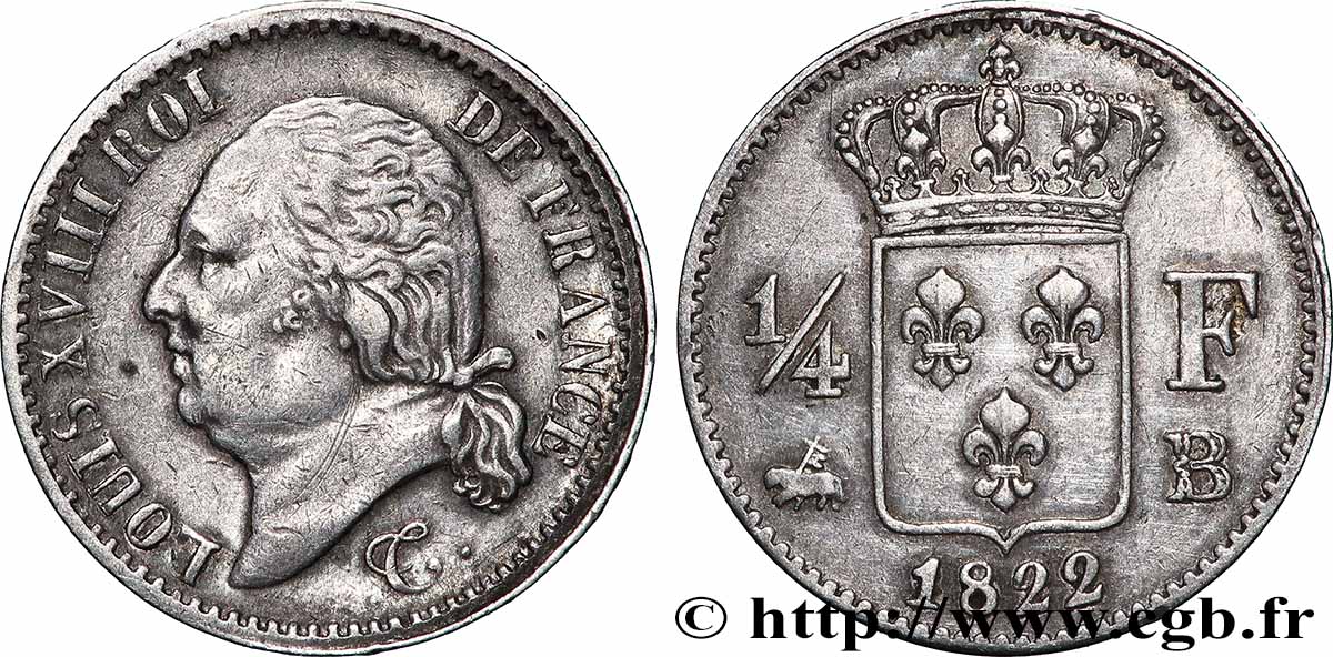 1/4 franc Louis XVIII 1822 Rouen F.163/22 TTB+ 