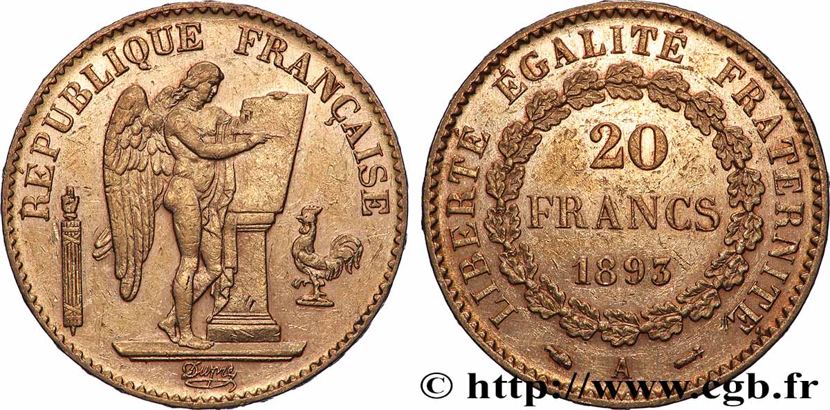 20 francs or Génie, Troisième République 1893 Paris F.533/17 fVZ 