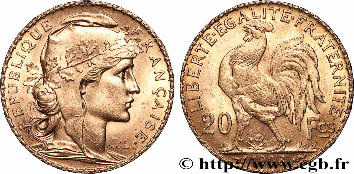 20 francs or Coq, Liberté Égalité Fraternité 1908 Paris F.535/2 MS 