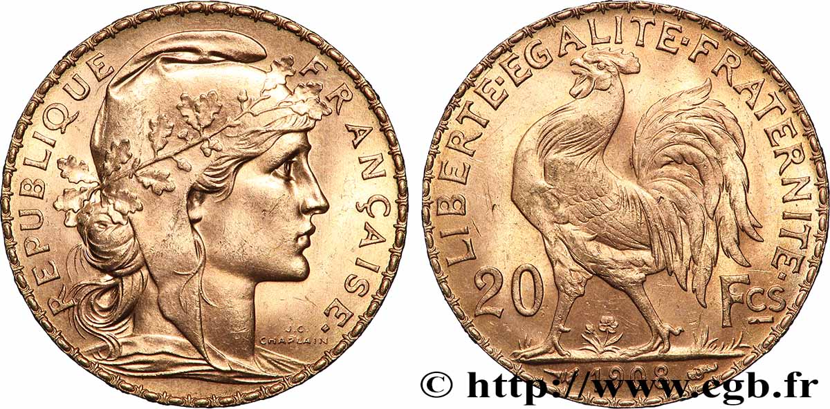 20 francs or Coq, Liberté Égalité Fraternité 1908 Paris F.535/2 SPL 