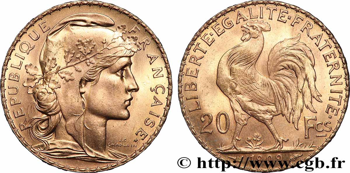 20 francs or Coq, Liberté Égalité Fraternité 1909 Paris F.535/3 fST 