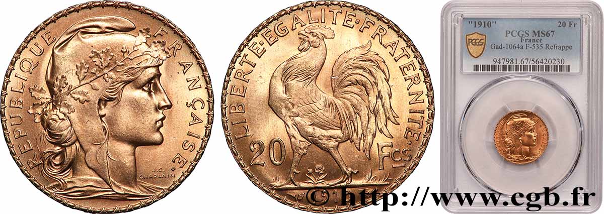 20 francs or Coq, Liberté Égalité Fraternité - Refrappe 1910 Paris F.535/4 var. MS67 PCGS