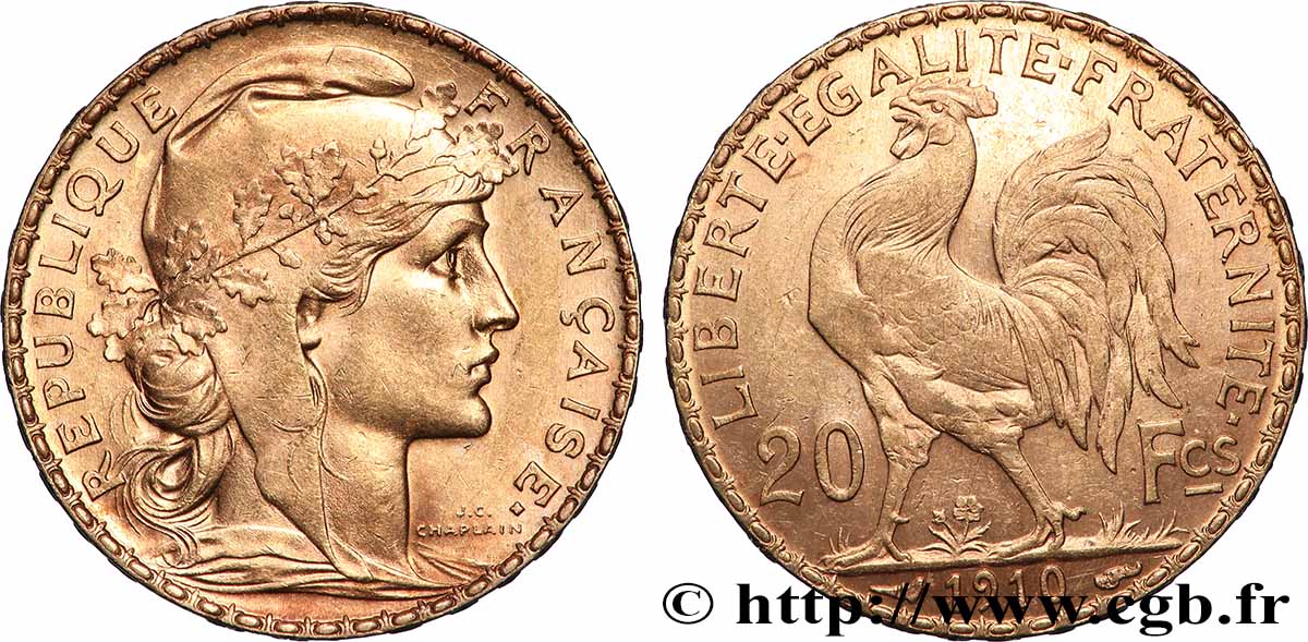 20 francs or Coq, Liberté Égalité Fraternité 1910 Paris F.535/4 EBC 