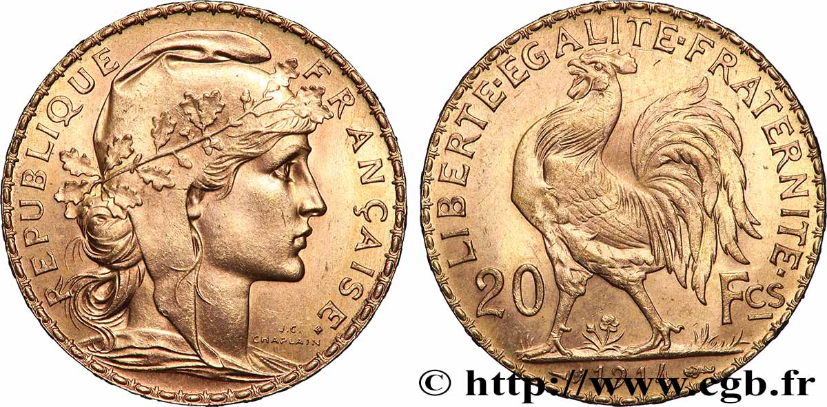 20 francs or Coq, Liberté Égalité Fraternité 1914 Paris F.535/8 VZ+ 