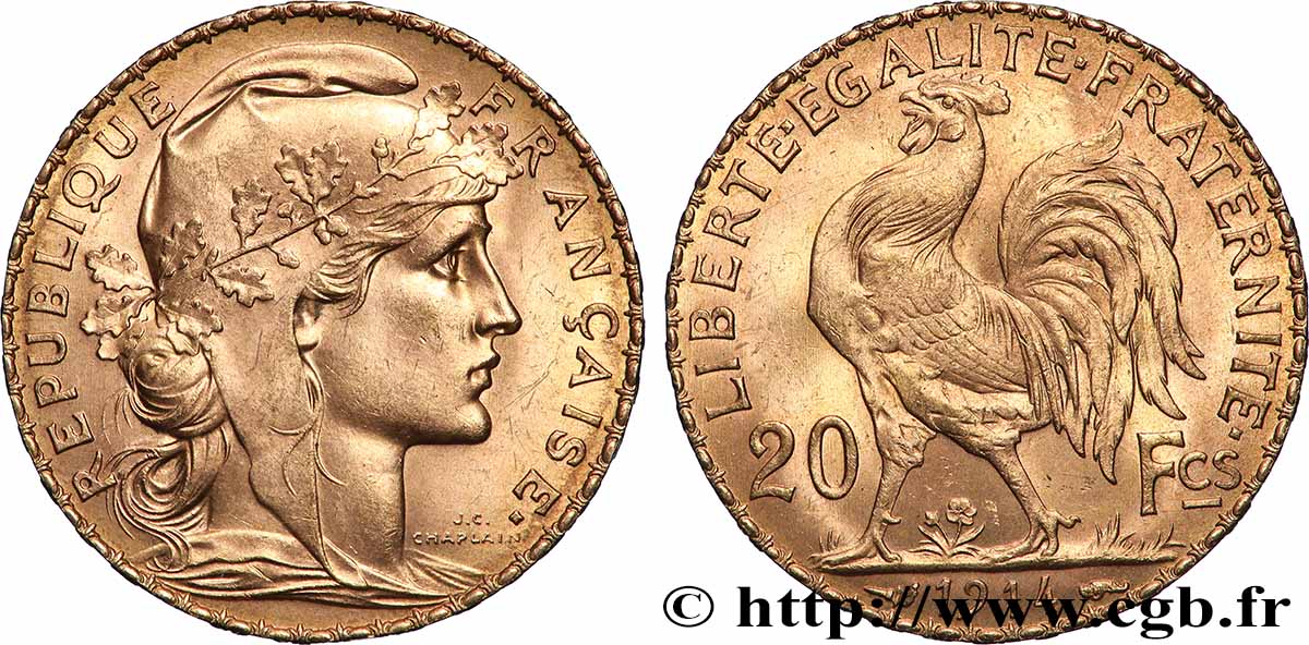 20 francs or Coq, Liberté Égalité Fraternité 1914 Paris F.535/8 MS 