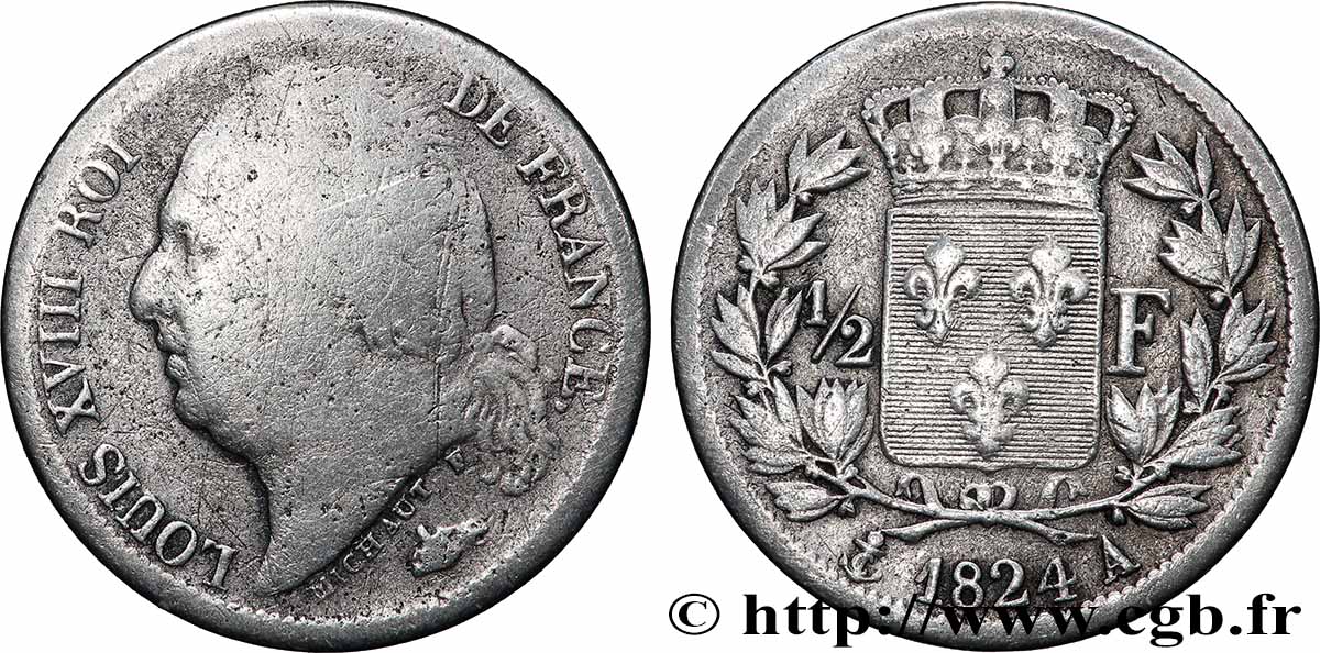 1/2 franc Louis XVIII 1824 Paris F.179/43 VG 