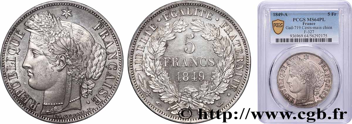5 francs Cérès, IIe République, Proof Like 1849 Paris F.327/1 var. SPL64 PCGS