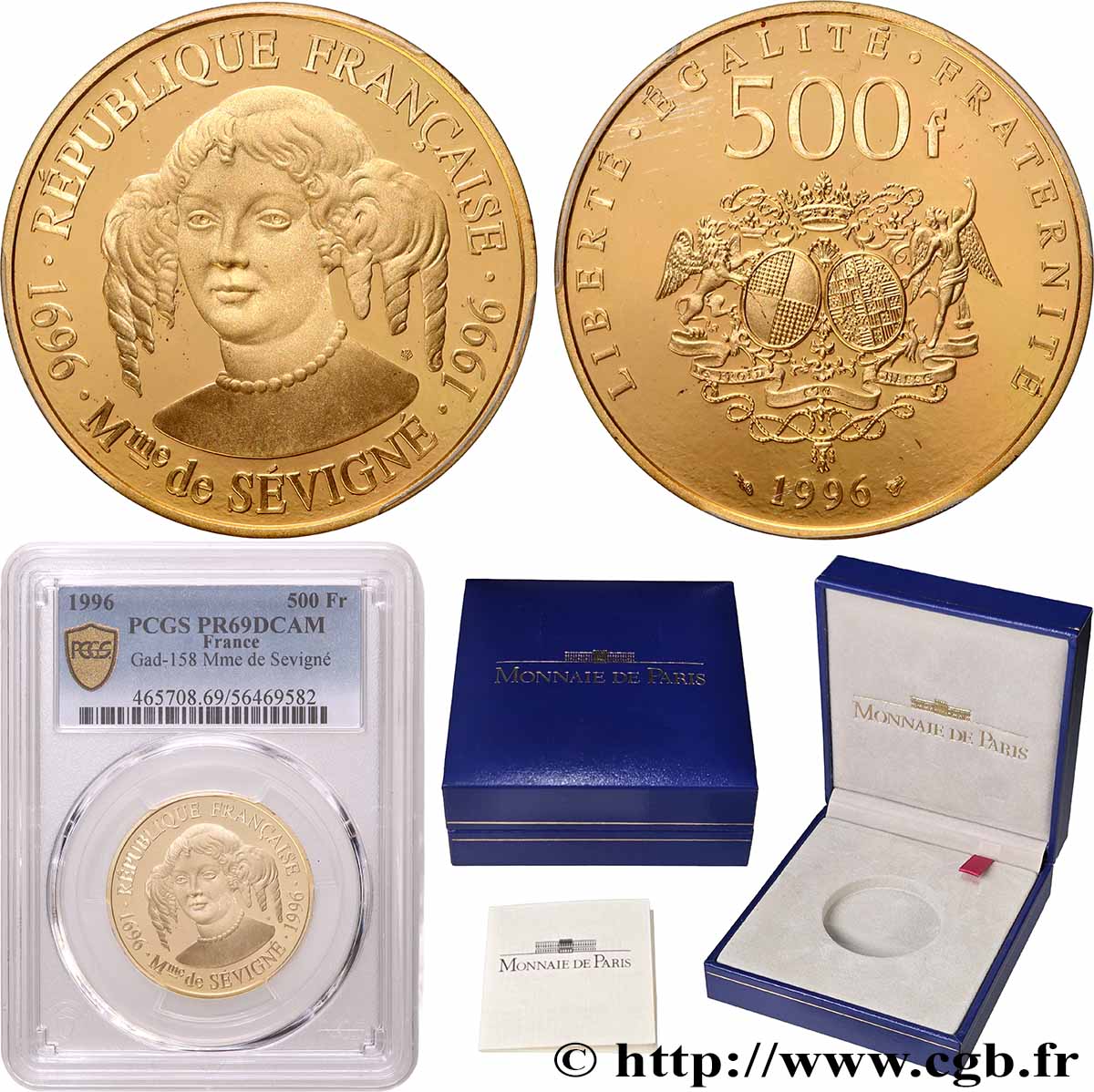Belle Épreuve Or 500 francs - Madame de Sevigné 1996  F.1848 1 MS69 PCGS