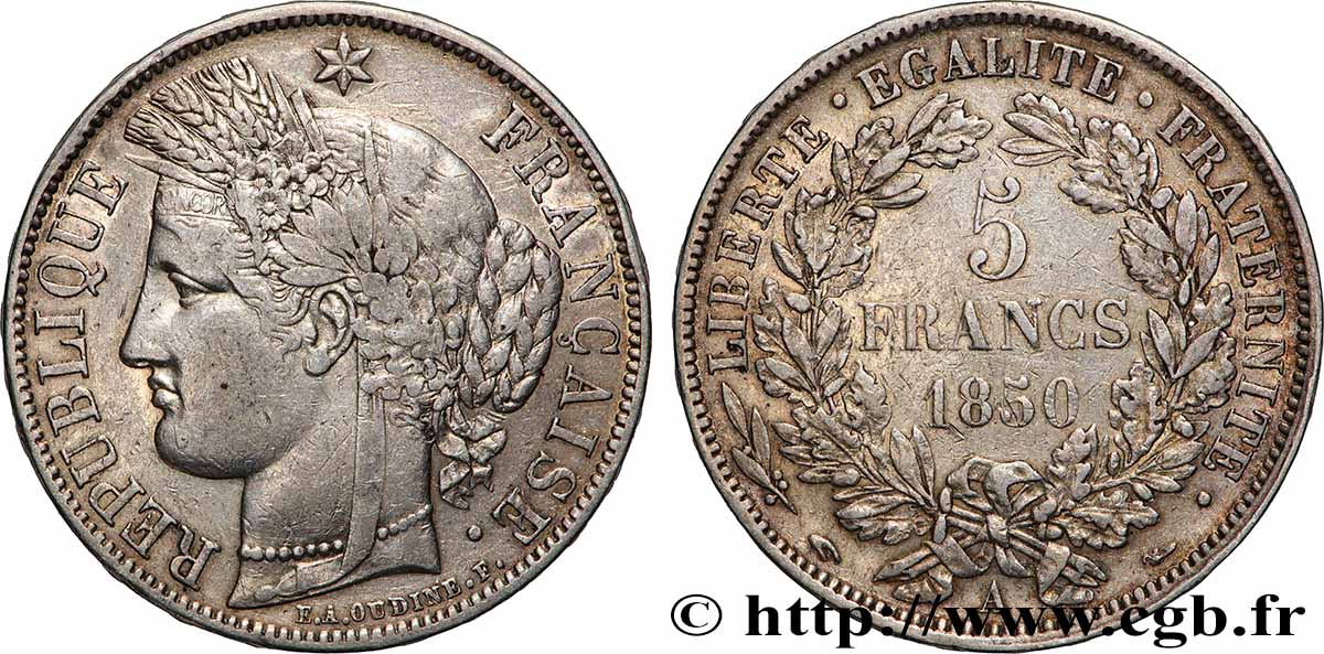 5 francs Cérès, IIe République 1850 Paris F.327/4 TB+ 