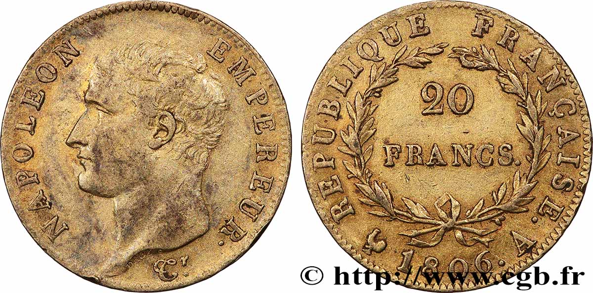 20 francs Napoléon tête nue, calendrier grégorien 1806 Paris F.513/1 TTB+ 