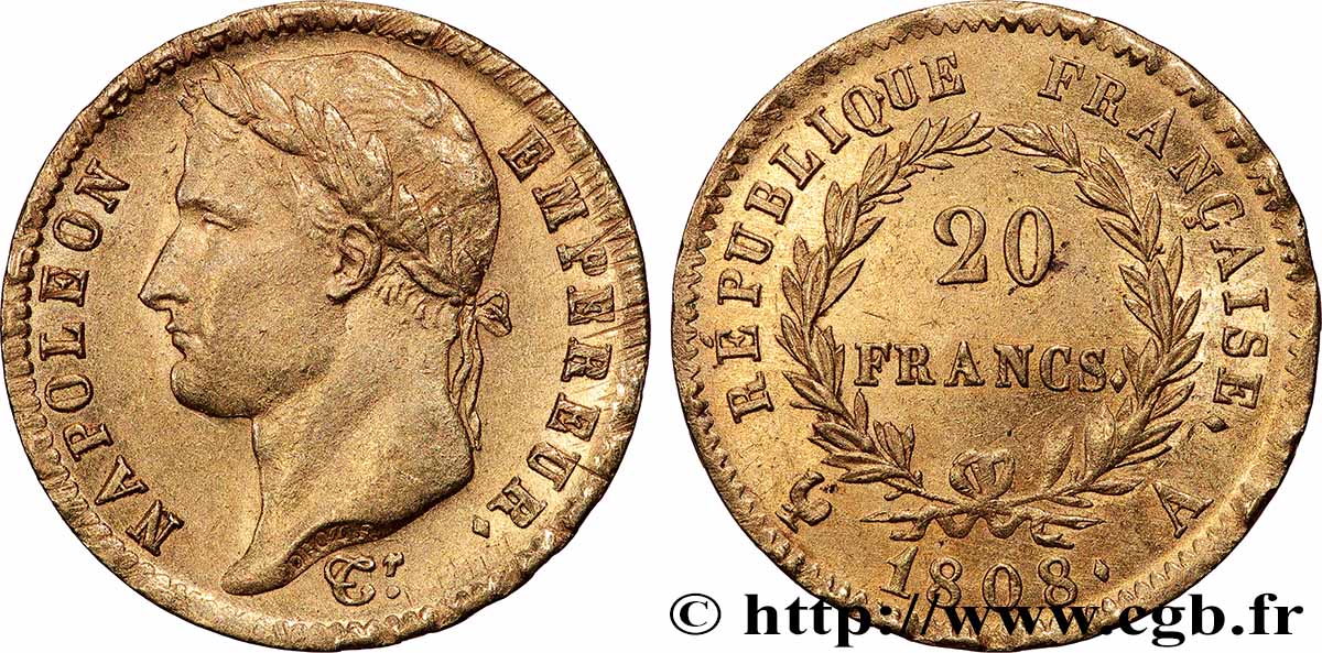 20 francs or Napoléon tête laurée, République française 1808 Paris F.515/2 TTB+ 