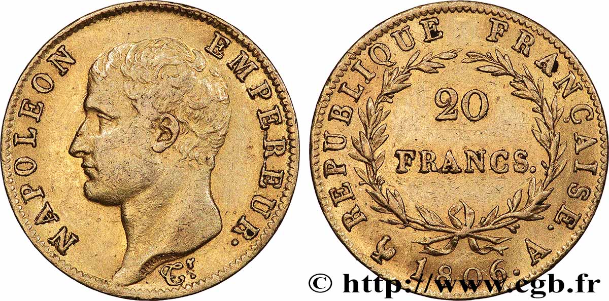 20 francs Napoléon tête nue, calendrier grégorien 1806 Paris F.513/1 q.SPL 