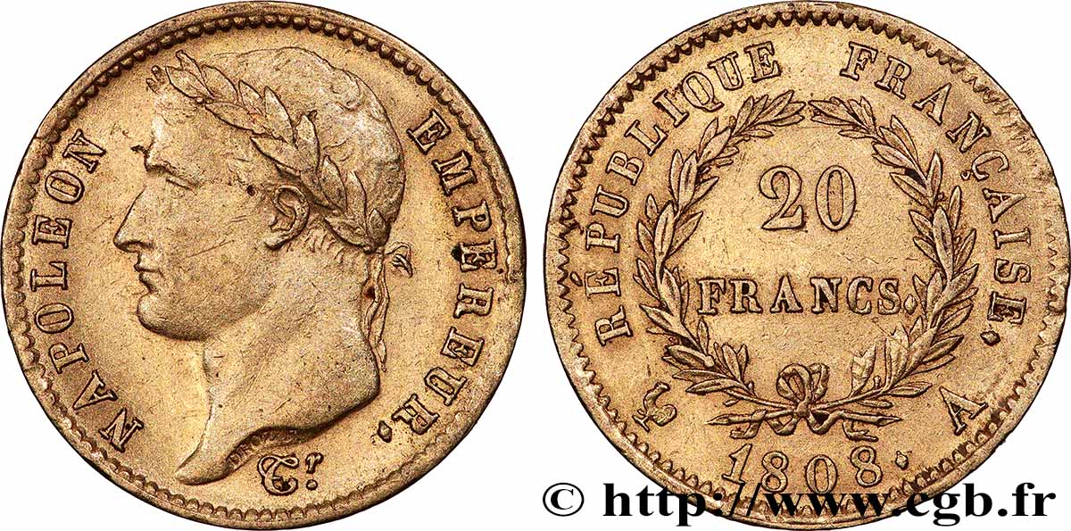 20 francs or Napoléon tête laurée, République française 1808 Paris F.515/2 MBC+ 