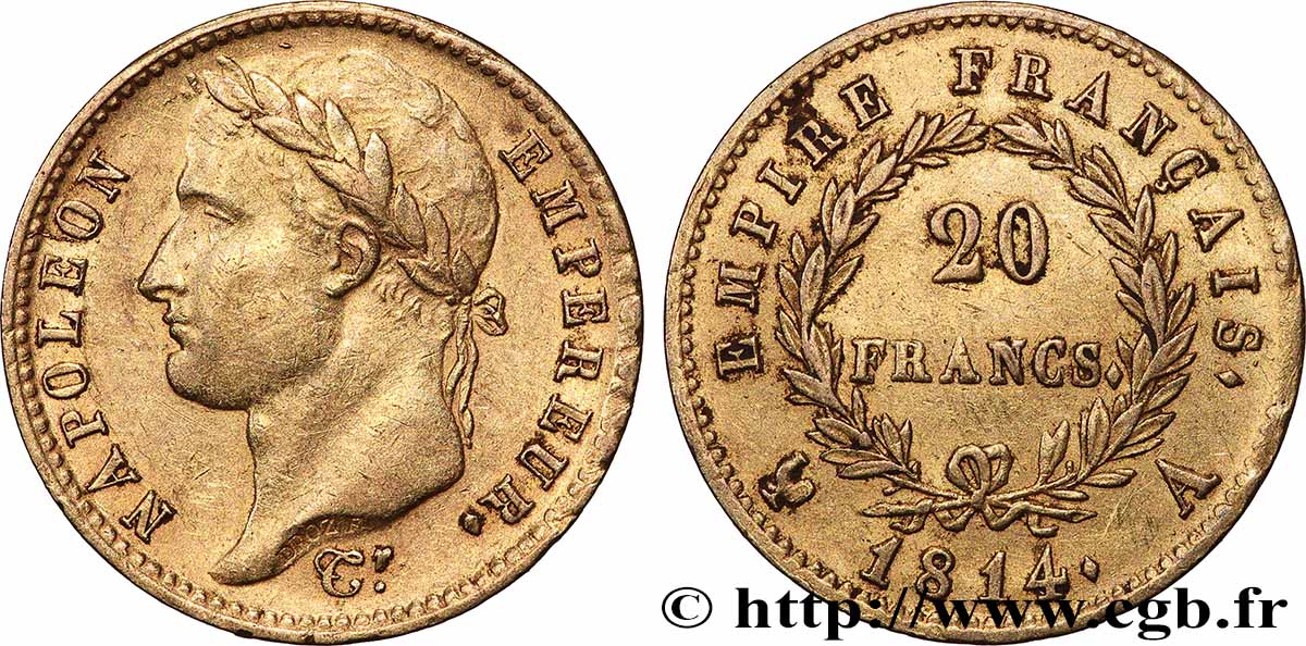 20 francs or Napoléon, tête laurée, Empire français 1814 Paris F.516/39 TTB 