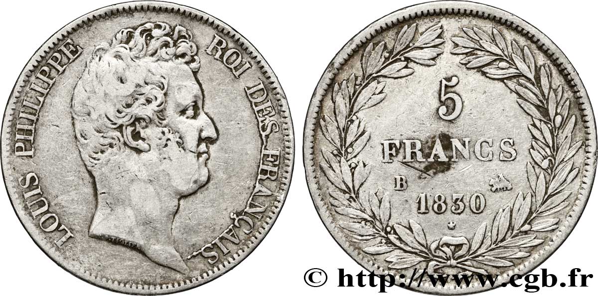 5 francs type Tiolier sans le I, tranche en creux 1830 Rouen F.313/2 q.BB 