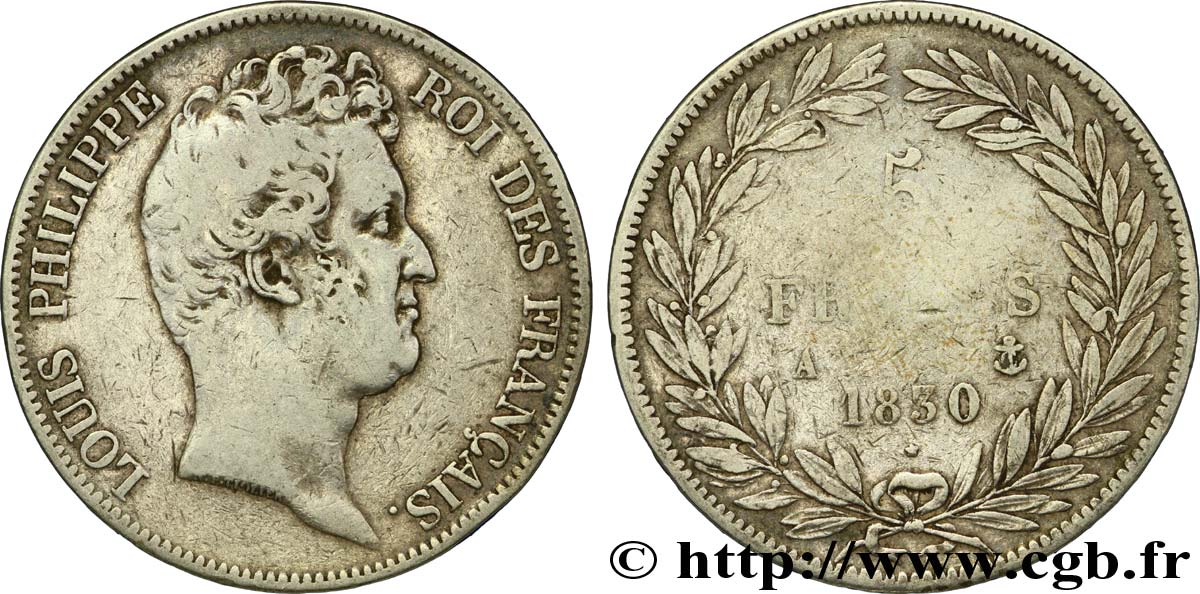 5 francs type Tiolier sans le I, tranche en creux 1830 Paris F.313/1 F12 
