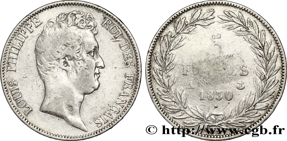 5 francs type Tiolier sans le I, tranche en creux 1830 Paris F.313/1 TB20 