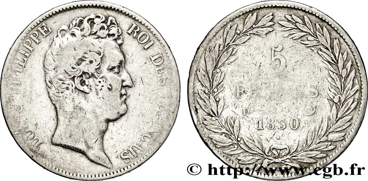 5 francs type Tiolier sans le I, tranche en creux 1830 Lyon F.313/3 B12 