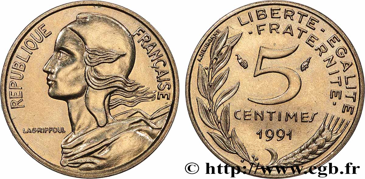 5 centimes Marianne, BU (Brillant Universel), frappe médaille 1991 Pessac F.125/28 SPL 