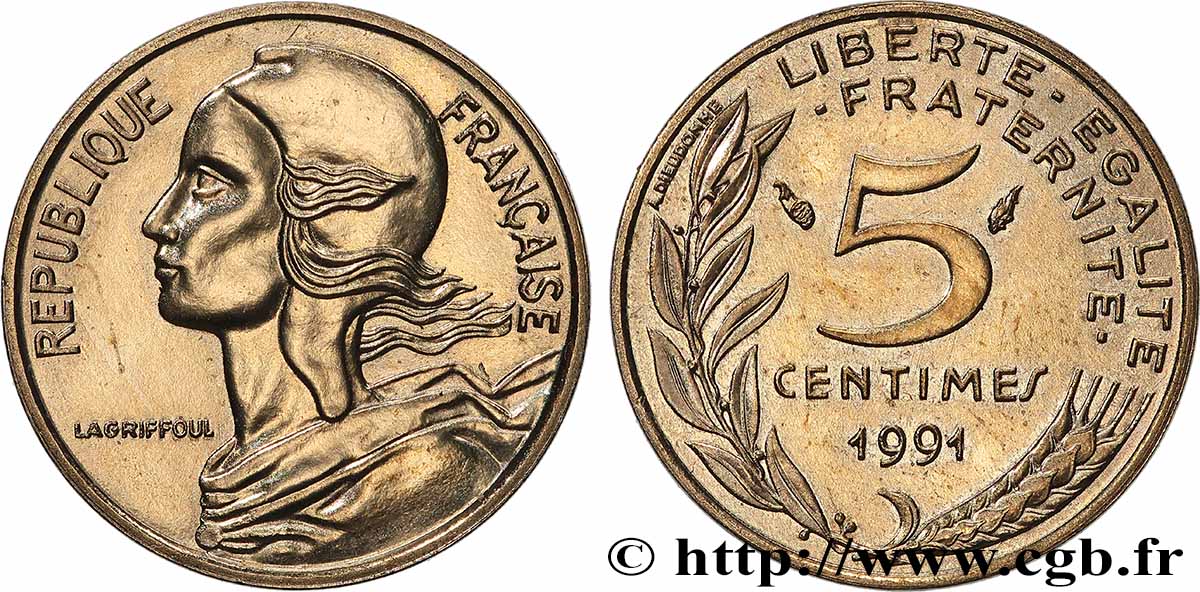 5 centimes Marianne, BU (Brillant Universel), frappe médaille 1991 Pessac F.125/28 SPL 
