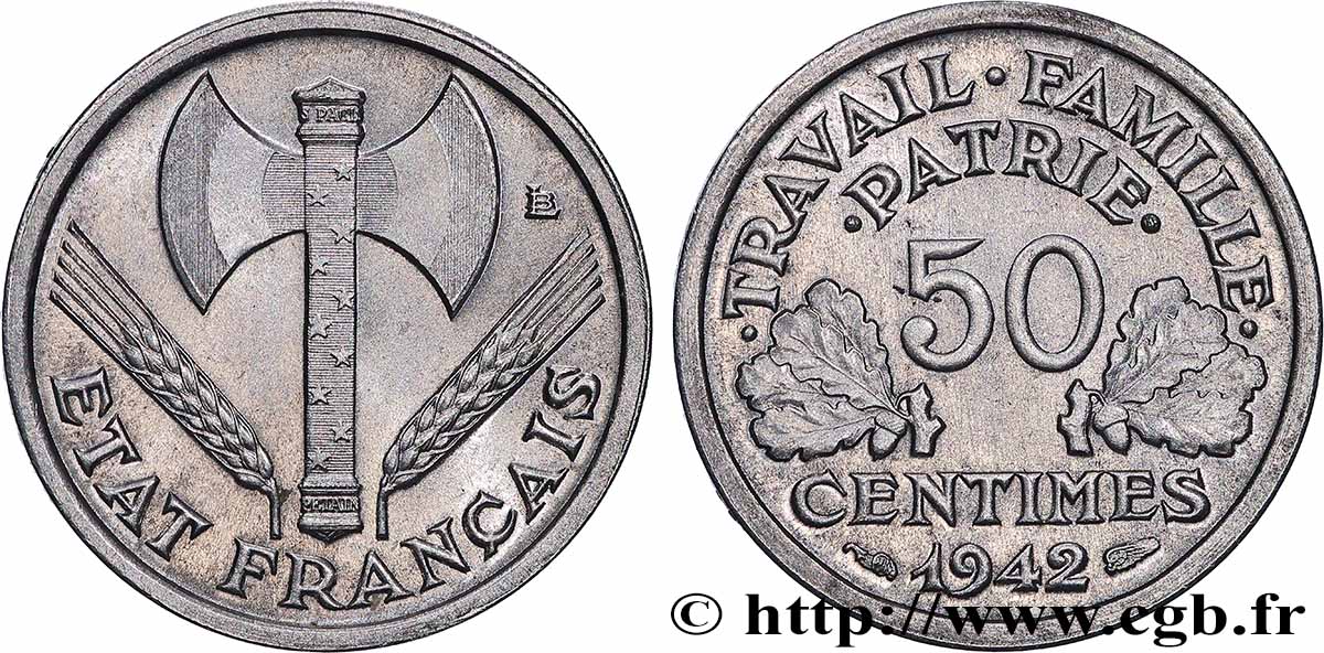 50 centimes Francisque, lourde, premiers exemplaires avec les CROIX 1942 Paris F.195/2 SPL 