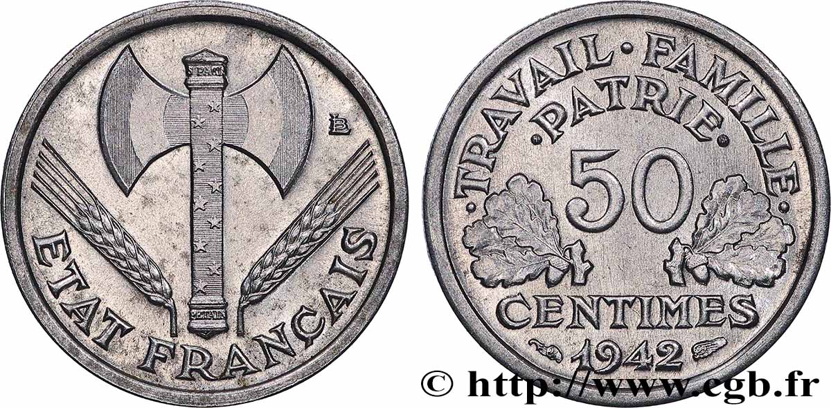 50 centimes Francisque, lourde, premiers exemplaires avec les CROIX 1942 Paris F.195/2 SUP+ 