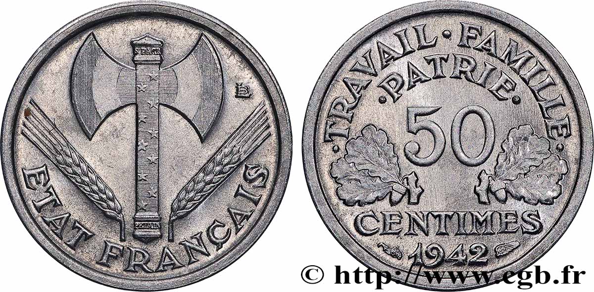 50 centimes Francisque, lourde, premiers exemplaires avec les CROIX 1942 Paris F.195/2 SPL 