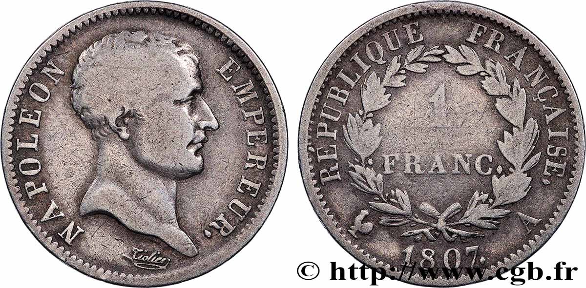 1 franc Napoléon Empereur, tête de nègre 1807 Paris F.203/1 B+ 