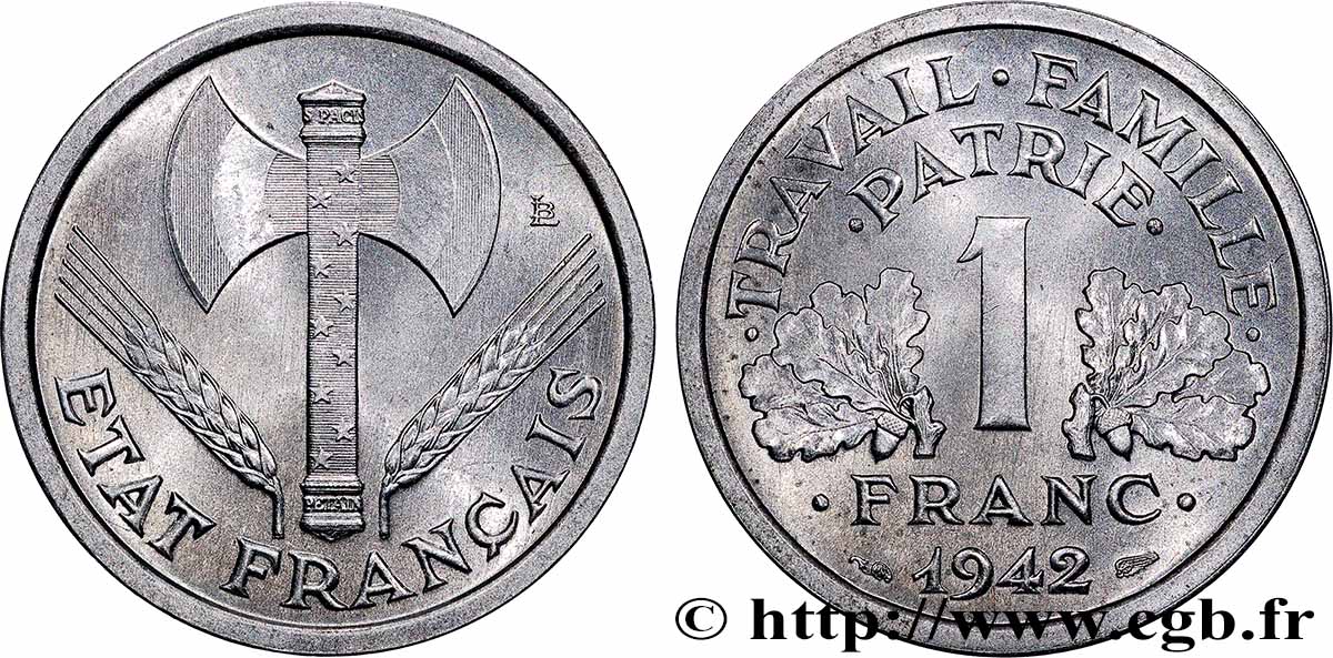 1 franc Francisque, lourde, avec les croix 1942 Paris F.222/2 SPL64 