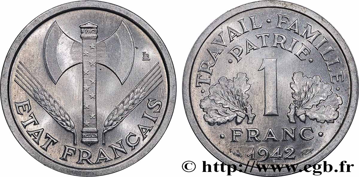 1 franc Francisque, lourde, avec les croix 1942 Paris F.222/2 SPL64 