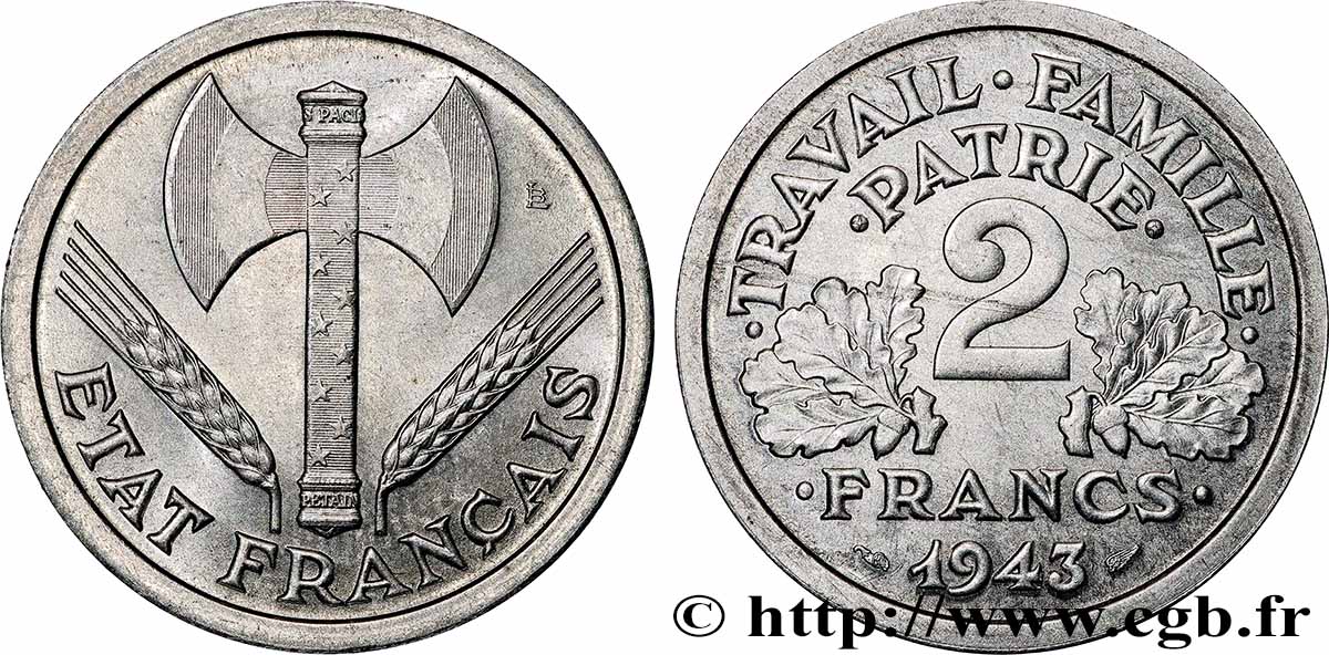 2 francs Francisque, avec les croix 1943 Paris F.270/2 var. SUP+ 