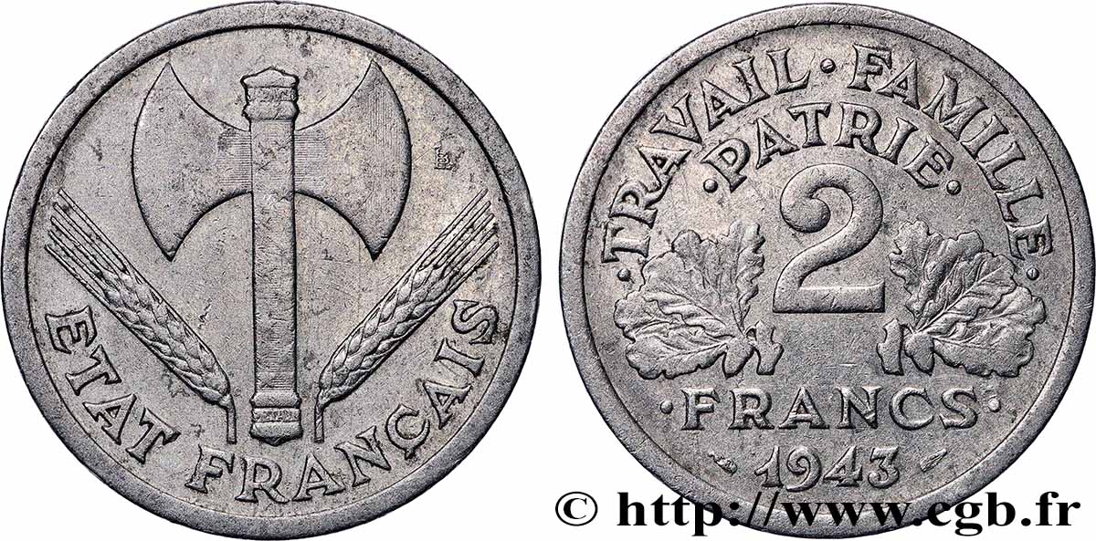 2 francs Francisque, Frappe Médaille 1943  F.270/2 var. BC 