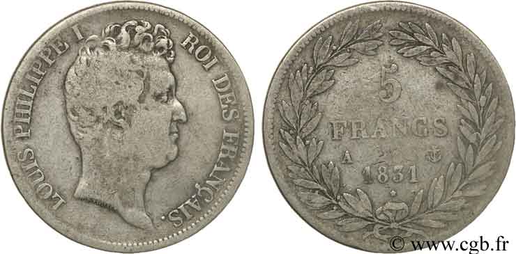 5 francs type Tiolier avec le I, tranche en creux 1831 Paris F.315/14 F14 
