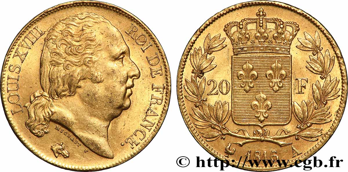 20 francs or Louis XVIII, tête nue 1816 Paris F.519/1 SPL 