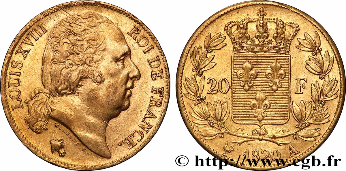 20 francs or Louis XVIII, tête nue 1820 Paris F.519/19 SPL 