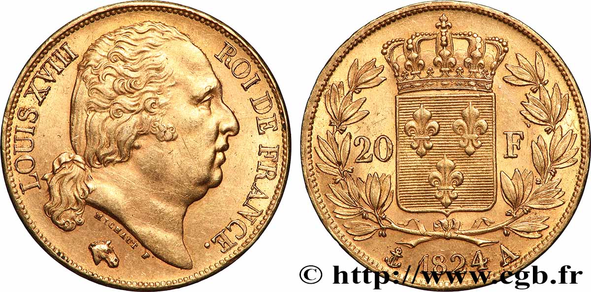 20 francs or Louis XVIII, tête nue 1824 Paris F.519/31 SUP+ 