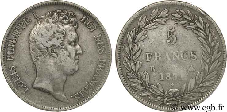 5 francs type Tiolier avec le I, tranche en creux 1831 Rouen F.315/15 VF20 