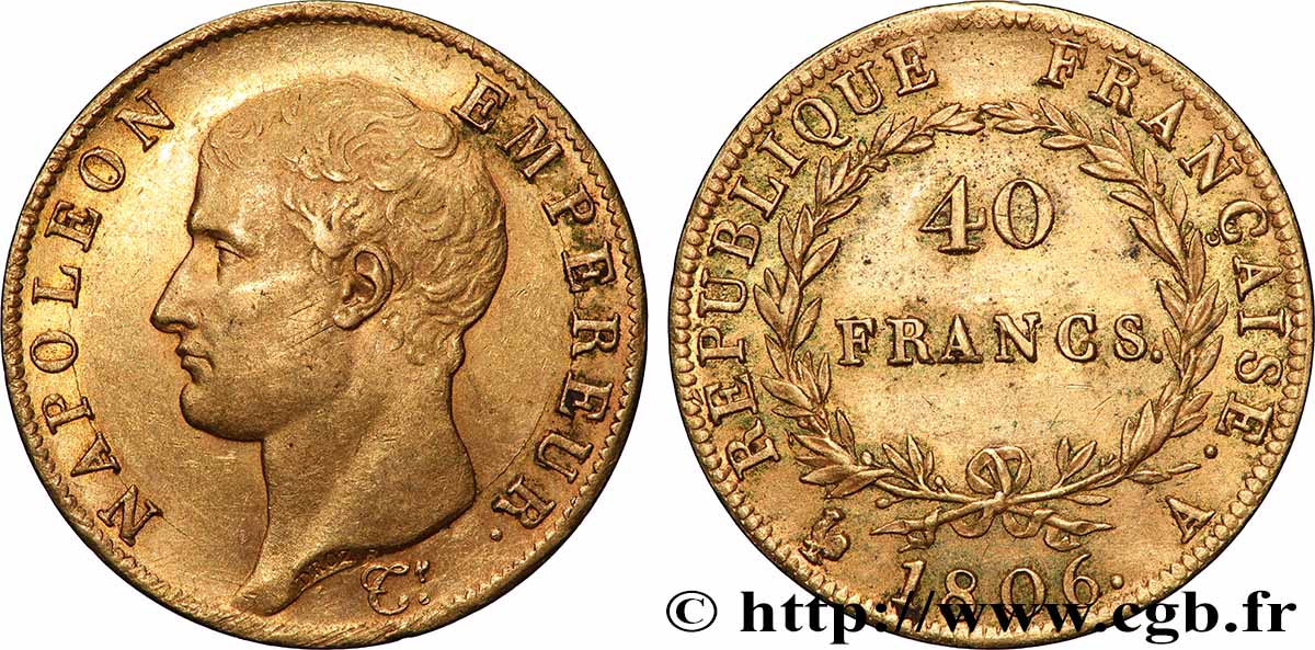 40 francs or Napoléon tête nue, Calendrier grégorien 1806 Paris F.538/1 AU 