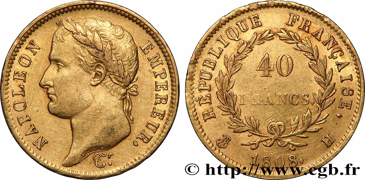 40 francs or Napoléon tête laurée, République française 1808 La Rochelle F.540/3 TTB+ 