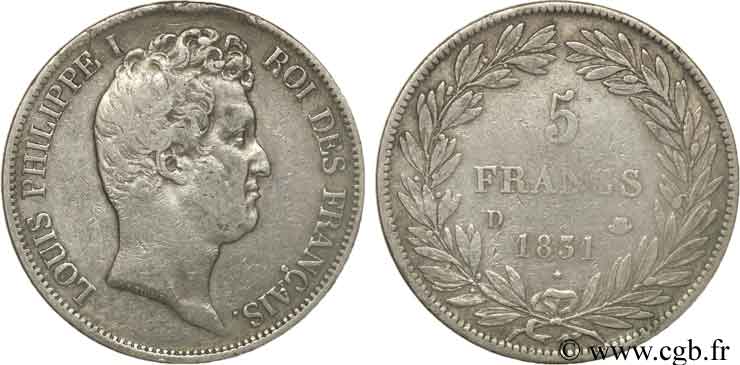 5 francs type Tiolier avec le I, tranche en creux 1831 Lyon F.315/17 S20 