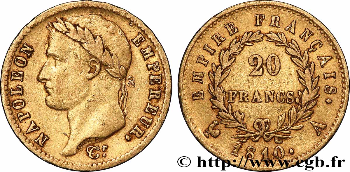 20 francs or Napoléon tête laurée, Empire français 1810 Paris F.516/8 VF 