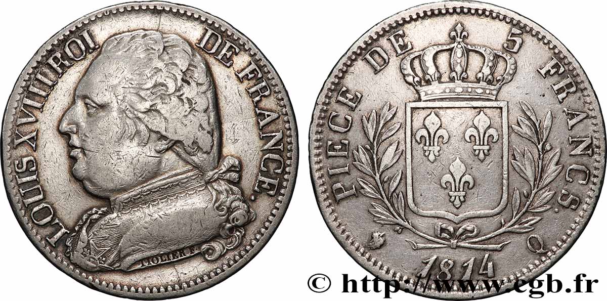 5 francs Louis XVIII, buste habillé 1814 Perpignan F.308/11 TB 