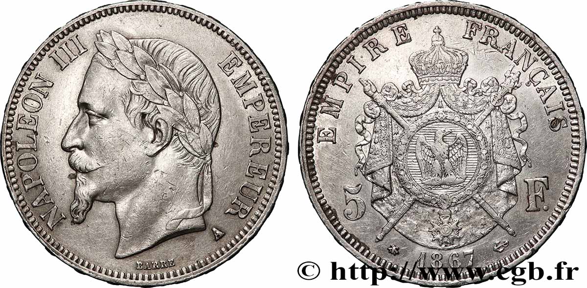 5 francs Napoléon III, tête laurée 1867 Paris F.331/10 XF 
